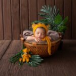 newborn-baby-pretty-likeable-infant-resting-yellow-animal-shaped-hat-inside-brown-basket-surrounded-by-green-plants-wooden-room